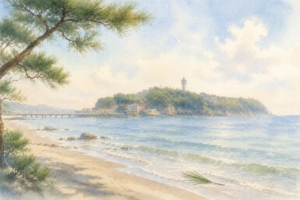 杉山和一が管鍼法の着想を得たと伝わる江ノ島をイメージした水彩画。