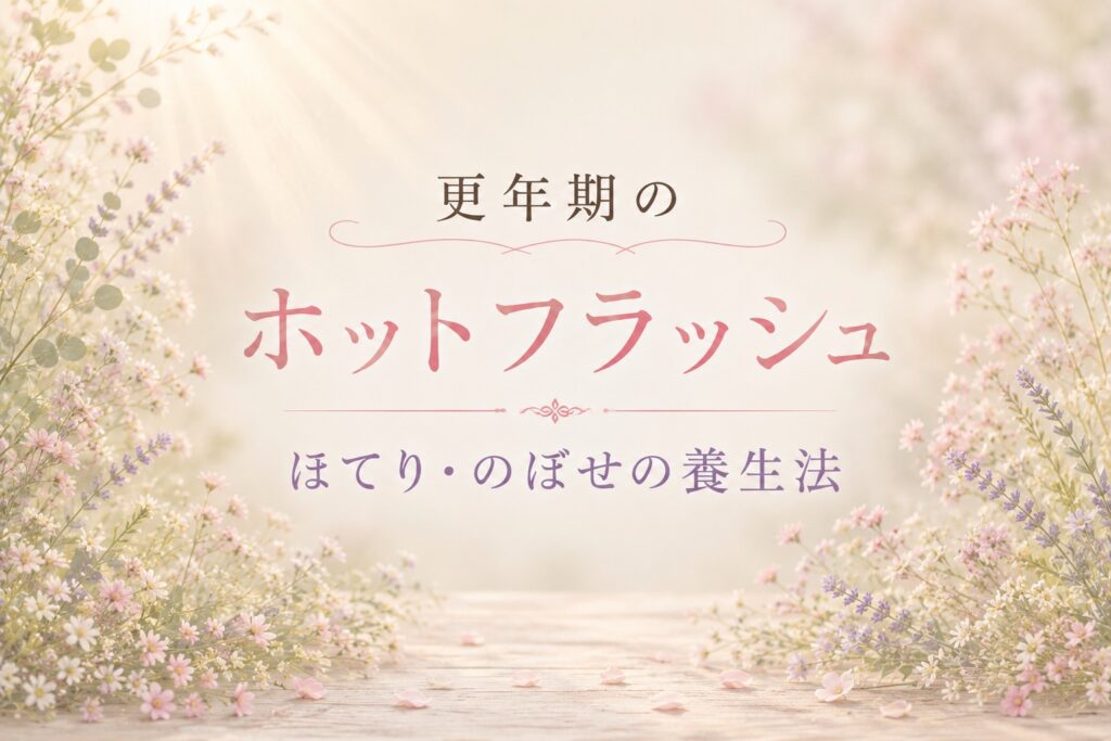 更年期のホットフラッシュ、のほてり・のぼせをテーマにした、淡いピンクとラベンダーの花のイラスト