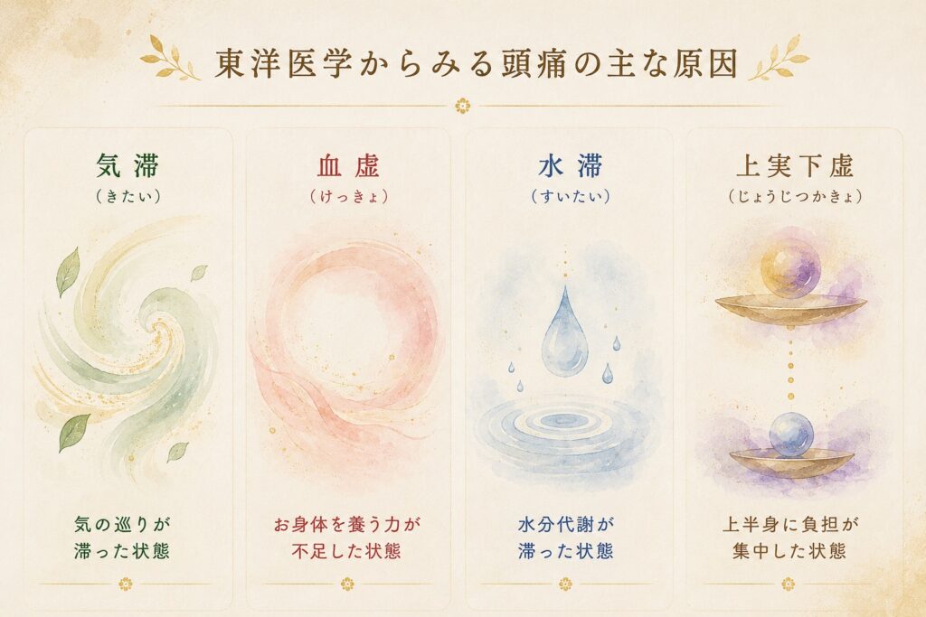 東洋医学でみる頭痛の主な原因（気滞・血虚・水滞・上実下虚）のイラスト