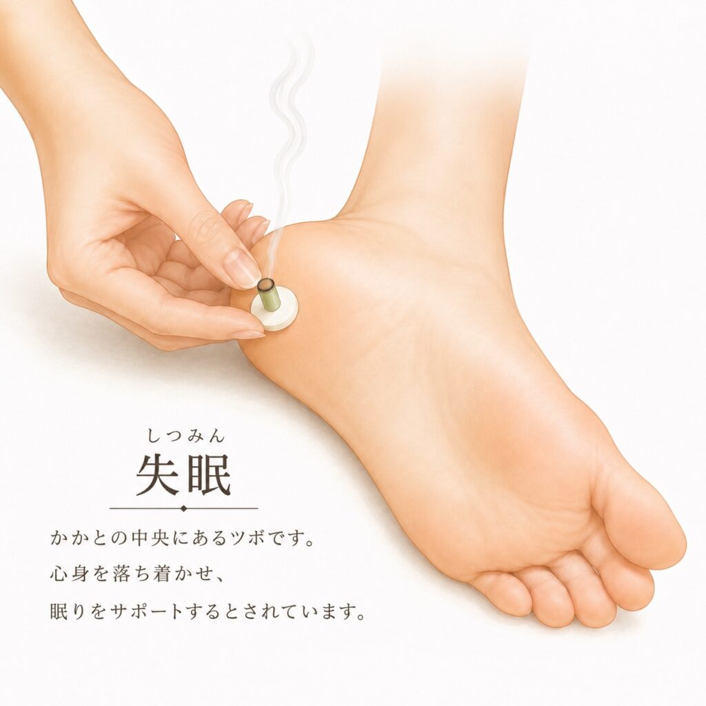 失眠のツボにお灸をするセルフケアのイラスト