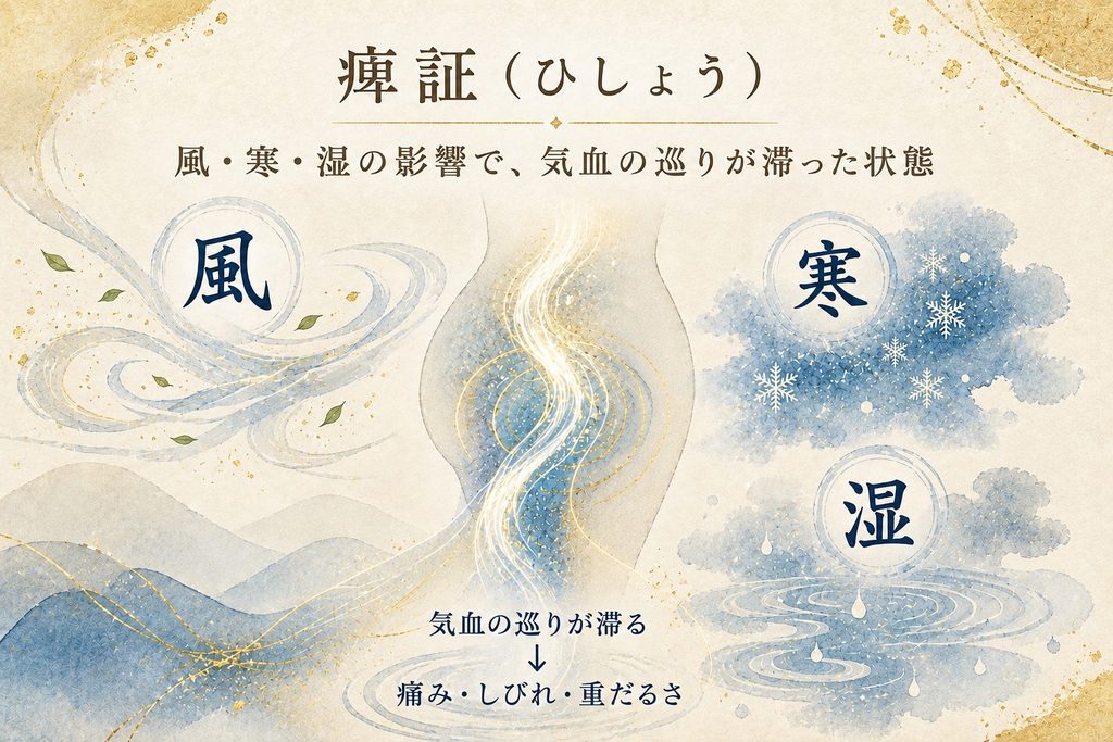 痺証(ひしょう)と風・寒・湿による気血の巡りの滞りを表したイラスト