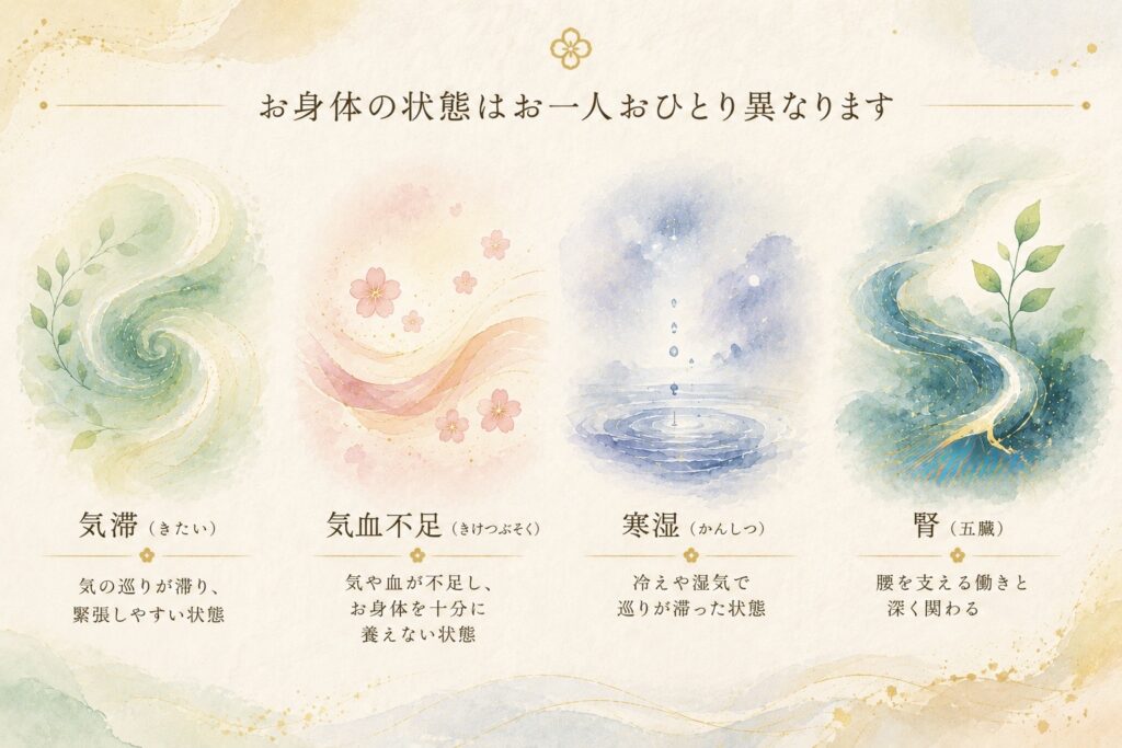 東洋医学からみた腰痛の考え方(気滞・気血不足・寒湿・腎の働き)のイラスト